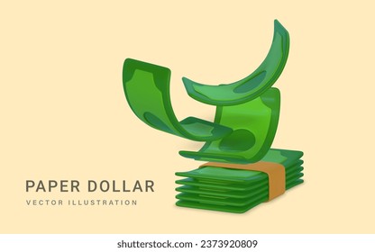 Pila verde 3D de dinero al estilo de las caricaturas. Caer dinero retorcido. Objeto comercial y financiero para el diseño de pancartas. Ilustración vectorial.