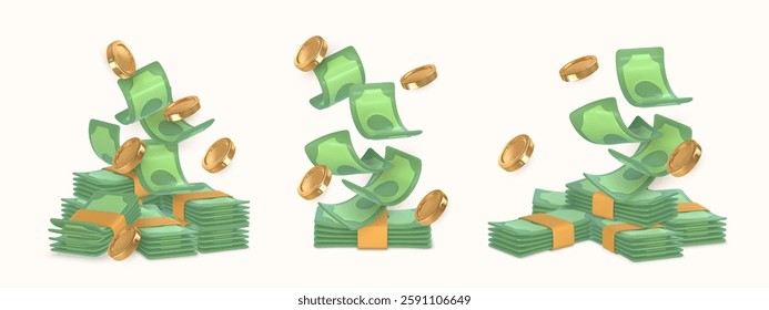 3d green stack of money in cartoon style. Falling gold coin and twisted money. Vector illustration.