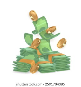 3d green stack of money in cartoon style. Falling gold coin and twisted money. Vector illustration.