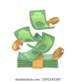 3d green stack of money in cartoon style. Falling gold coin and twisted money. Vector illustration.