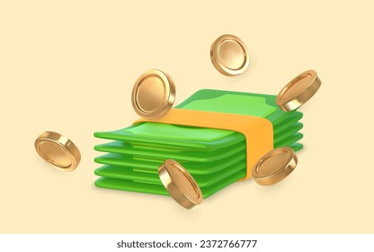 3D green stack of money and gold coins in cartoon style. Business and finance object for banner design. Vector illustration.