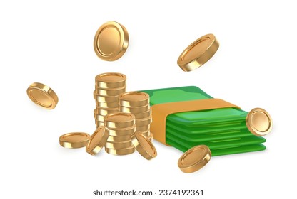 3D green stack of money and gold coins in cartoon style. Business and finance object for banner design. Vector illustration.