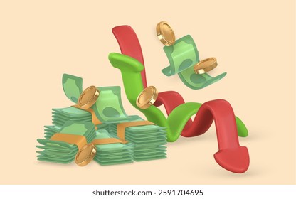 3d green stack of money with green up and red down arrow. Falling gold coin and twisted money. Vector illustration.