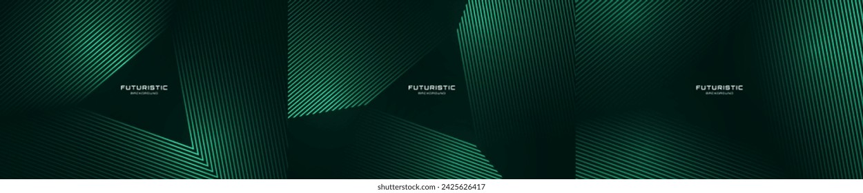 3D green techno abstract background overlap layer on dark space. Modern banners set with glowing triangles decoration. Graphic design element lines style concept for web, flyer, card cover or brochure