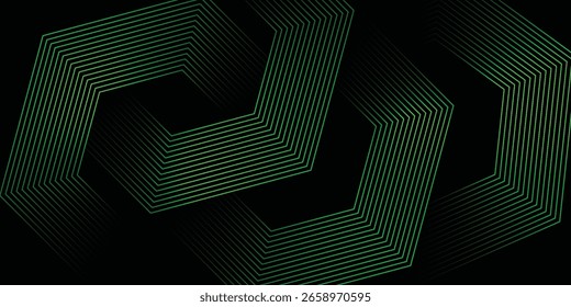O plano de fundo abstrato do techno verde 3D sobrepõe a camada no espaço escuro com a decoração da forma das linhas brilhantes. Conceito de estilo futuro de elemento de design gráfico moderno para capa de banner, folheto, cartão ou folheto