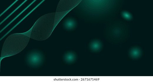 O plano de fundo abstrato do techno verde 3D sobrepõe a camada no espaço escuro com a decoração de efeito de forma de ondas brilhantes. Conceito de estilo de linhas de elementos de design gráfico moderno para capa de banner, folheto, cartão ou folheto