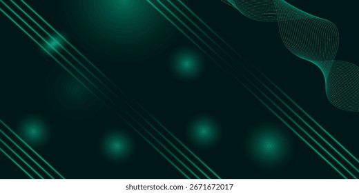 O plano de fundo abstrato do techno verde 3D sobrepõe a camada no espaço escuro com a decoração de efeito de forma de ondas brilhantes. Conceito de estilo de linhas de elementos de design gráfico moderno para capa de banner, folheto, cartão ou folheto