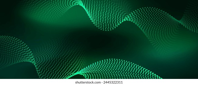 3D green techno background on dark space with dotted lines shape effect decoration. Modern graphic design element with glowing dots waves style concept for web banner, flyer, card, or brochure cover