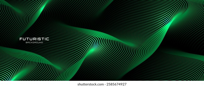 3D green techno background on dark space with flowing lines effect decoration. Modern graphic design element with glowing waves style concept for web banner, art, flyer, card, or brochure cover