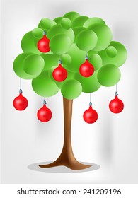 3d green tree with electical aplle bulbs on bright background