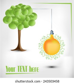 3d green tree with electical pear bulb on bright background