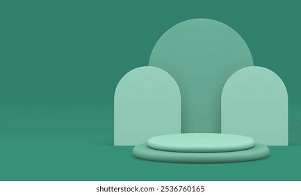 Pantalla de podio de moda verde 3D para la Ilustración vectorial realista de la presentación del producto. Pedestal de cilindro de escaparate estético minimalista con fondo de pared de forma geométrica de semicírculo para mostrar