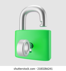 3d green unlocked padlock icon with key isolated on gray background. Render minimal open padlock with a keyhole. Confidentiality and security concept. 3d cartoon simple vector illustration