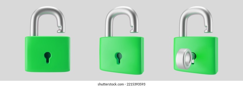 3d green unlocked padlock icon set with key isolated on gray background. Render minimal open padlock with a keyhole. Confidentiality and security concept. 3d cartoon simple vector illustration