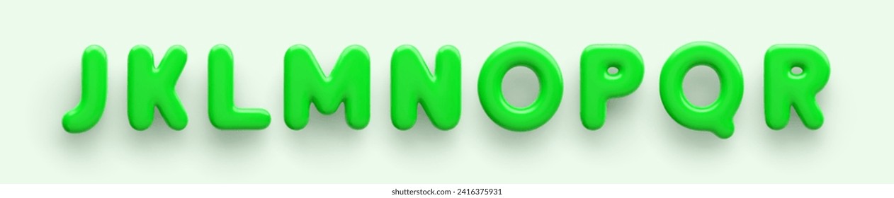 3D Green uppercase letters J, K, L, M, N, O, P, Q and R with a glossy surface on a light background.