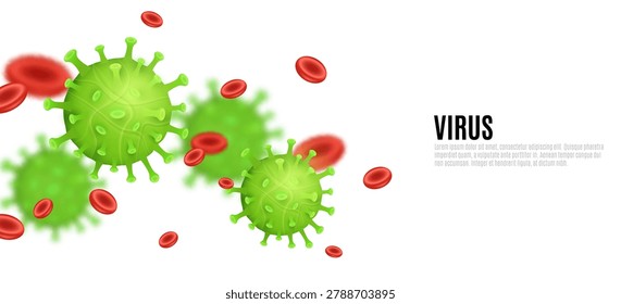 3D green virus particles floating among red blood cells on white background. Medical concept featuring infectious microorganisms. Scientific design for healthcare presentations. Vector illustration.
