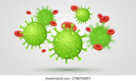 3D green virus particles floating among red blood cells on light background. Medical concept featuring infectious microorganisms. Scientific design for healthcare presentations. Vector illustration.