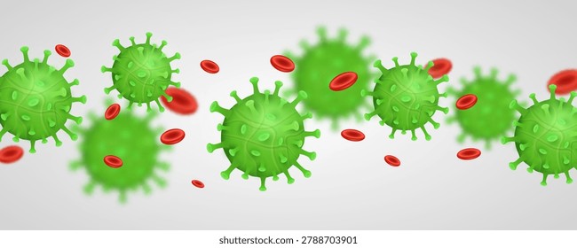 3D green virus particles floating among red blood cells on white background. Medical concept featuring infectious microorganisms. Scientific design for laboratory research presentation. Vector.
