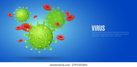 3D green virus particles floating among red blood cells on blue background. Medical concept featuring infectious microorganisms. Design for healthcare laboratory research presentation. Vector.
