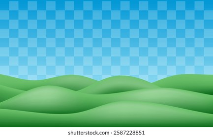 3d green wave background. Grassy hill gradient pattern. Kid spring sky and mountain nature scene. Plasticine cute cartoon summer garden, game wavy floor side. Field podium land view, clay landscape