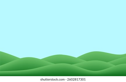 3d green wave background. Grassy hill gradient pattern. Kid spring sky and mountain nature scene. Plasticine cute cartoon summer garden, game wavy floor side. Field podium land view, clay landscape