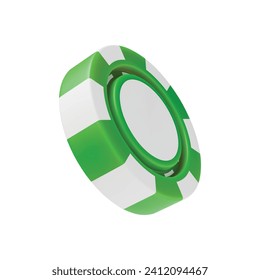 3D green and white falling casino chip, side view. Casino, gambling game, betting symbol. Online gambling token for slot, poker, roulette, blackjack three dimensional rendering vector illustration