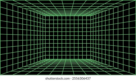 3D green wireframe cube. Abstract design with gridlines on a black background, representing virtual space and futuristic technology. Vector
