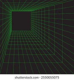 3D green wireframe. Perspective lines room. Digital background with vector grid.