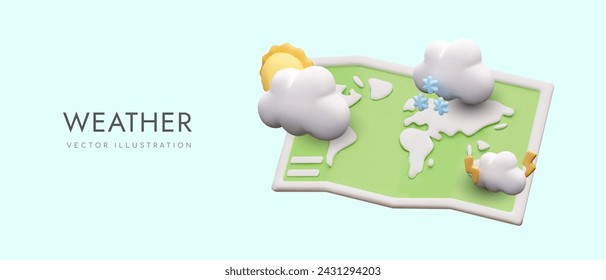 3D green world map, meteorological symbols. Nature, weather concept
