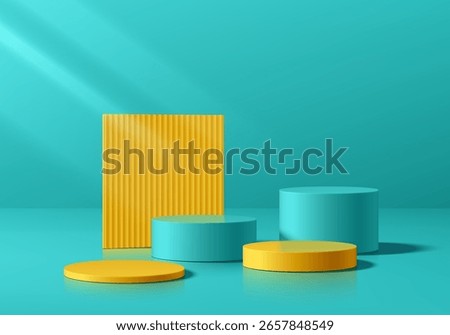 3D green, yellow podium background with vertical yellow pattern backdrop. Abstract composition minimalist design. Studio display showroom stands product pedestal, Fashion stage showcase mockup scene