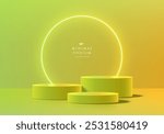 3D green and yellow round podium with circle neon lighting background. Abstract composition in minimalist design. Studio display showroom stand product pedestal, Fashion stage showcase mockup scene.