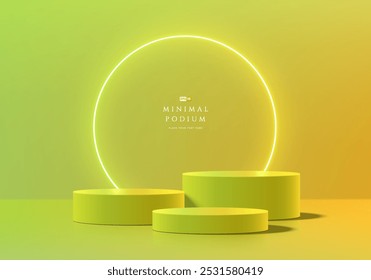 Podio redondo verde y amarillo 3D con fondo de iluminación de neón circular. Composición Abstractas en diseño minimalista. Pedestal del producto del soporte de la sala de exposición del estudio, escena de maqueta del escaparate de moda.