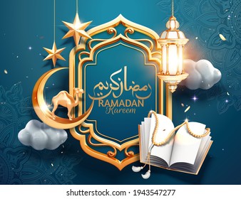 3d greeting arabesque blue background with hanging lanterns, holy book quran and crescent, Arabic calligraphy text Ramadan Kareem for holy month