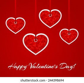 3D greeting card for Valentine's day. Red labels in the shape of triangulated heart on ribbons on red background with small hearts. Vector template