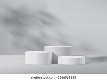 3d grey background display podium scene with leaf shadow platform. black and white flooring simplicity and spotlight stadium. stand to show cosmetic product award. 3d stage vector render illustration