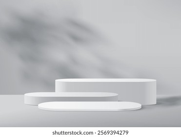 3d grey background display podium scene with leaf shadow platform. black and white flooring simplicity and spotlight stadium. stand to show cosmetic product award. 3d stage vector render illustration