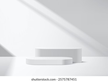 3d grey background display podium scene with leaf shadow platform. black and white flooring simplicity and spotlight stadium. stand to show cosmetic product award. 3d stage vector render illustration