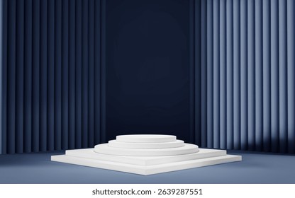 3d grey blue room background with white podium and column. Product display with platform. Abstract geometric light scene.