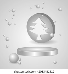 3d grey circle podium winter background. tree and snowflakes. suitable for background promotion or sale product
