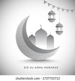 3D Grey Crescent Moon with Mosque, Hanging Lanterns and Bunting Flags on Glossy White Background for Eid Ul-Adha Mubarak.