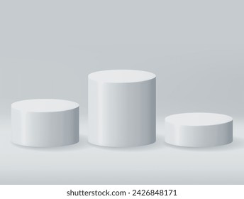 3D Grey Cylinder Podium Isolated. Stage for Product Presentation with Shadow. Empty Stage Round Podium. Minimal White Scene. Pedestal 3D Platform. Realistic Vector Illustration