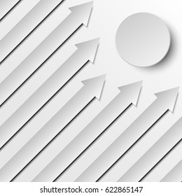 3d grey paper arrows on grey background with circle in the corner for creative business graphic design concept