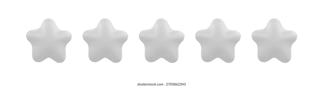 3D grey star row with soft rounded forms isolated on white background for neutral rating and UI elements