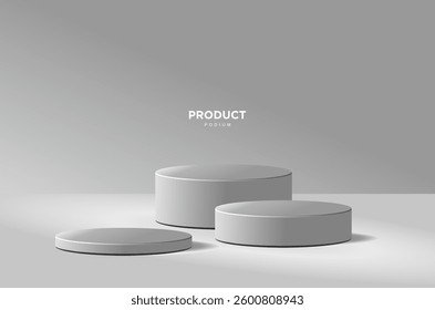 3D grey white round podium set background with light and shadow. Abstract geometric composition in minimalist design.
