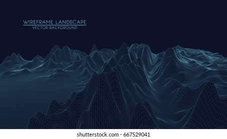 3d grid. abstract vector wireframe landscape background. Big Data. Mountain background vector illustration