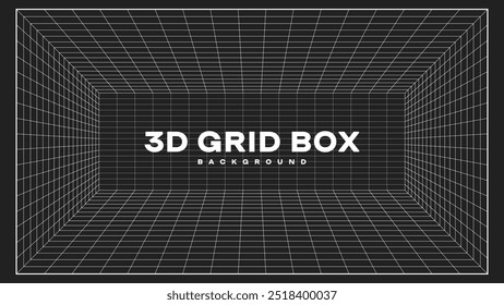 3D grid box background with white lines on a black surface, creating a futuristic and geometric perspective. Perfect for technology, virtual reality, or modern abstract designs.