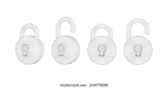 3d grid closed and open padlocks. Set wireframe lock icon design element for security concept,wed password, firewall,access. Vector illustration.