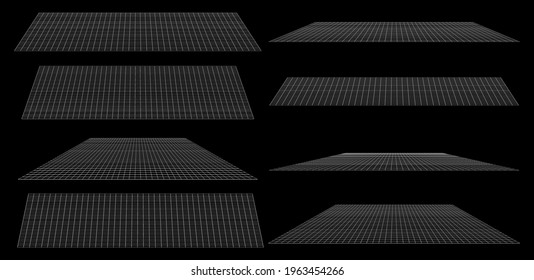 3D grid, mesh in perspective. Vanishing lattice, grating into horizon