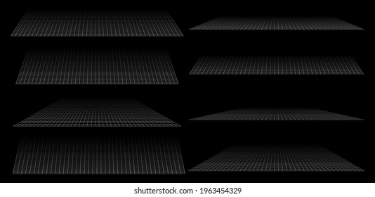 cuadrícula 3D, malla en perspectiva. Rejas de desvanecimiento, rallando en el horizonte