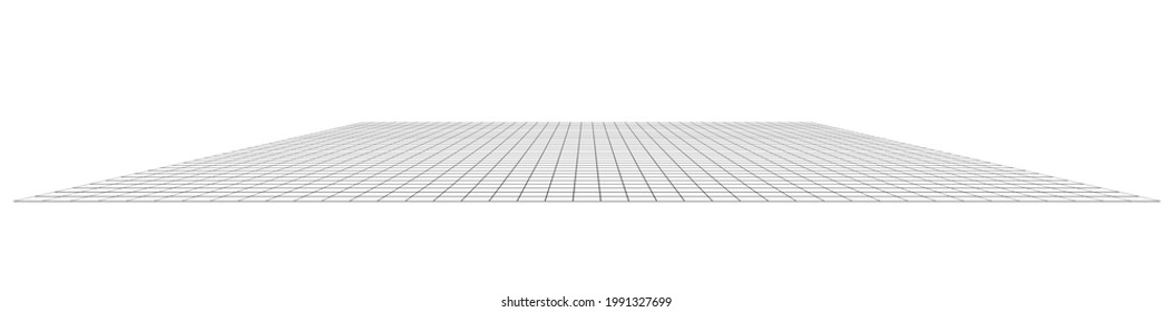 3D grid, mesh in perspective. Vanishing lattice, grating into horizon